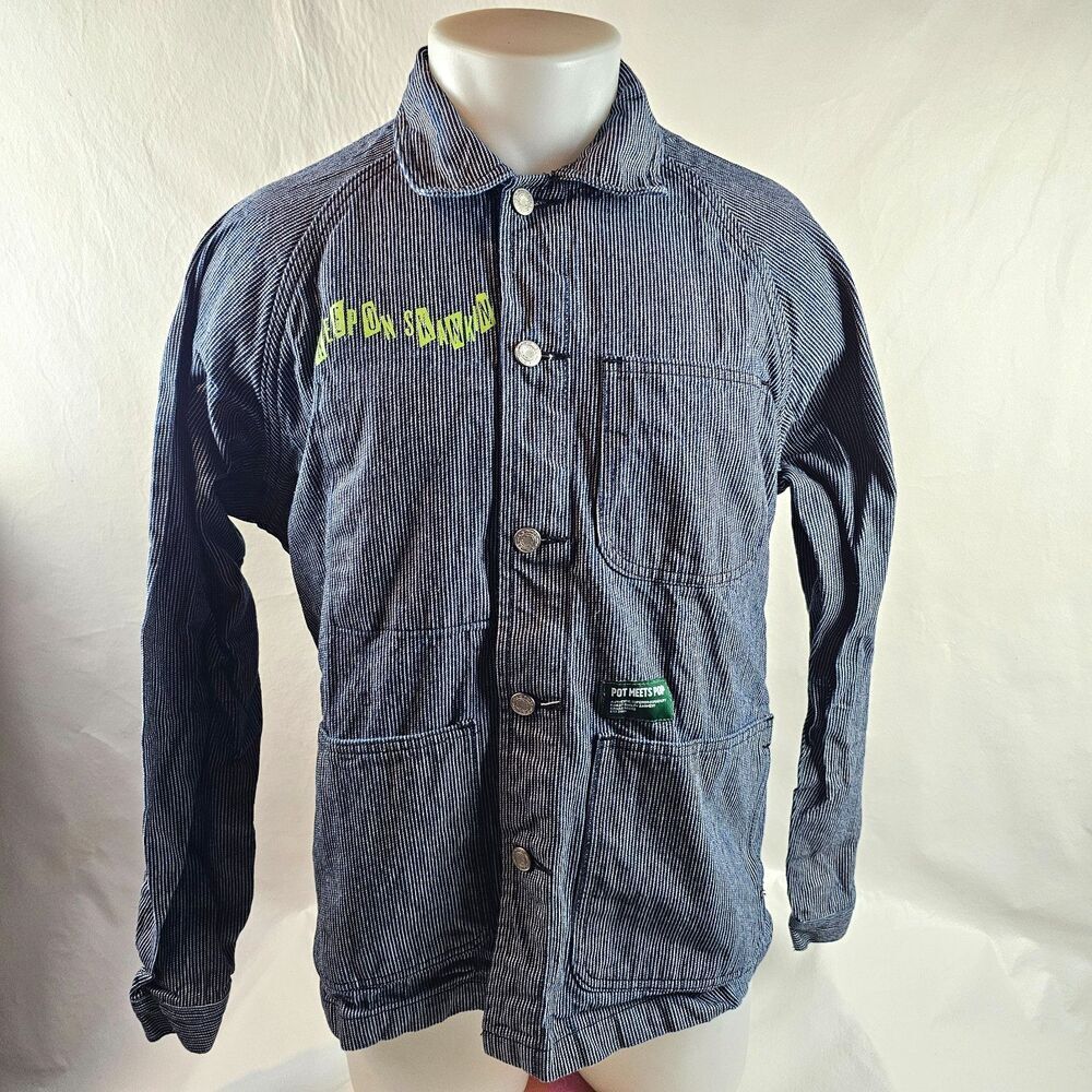 Pot Meets Pop Chore Jacket Mens XL Blue Stripe Cotton Button Up Keep on Skankin